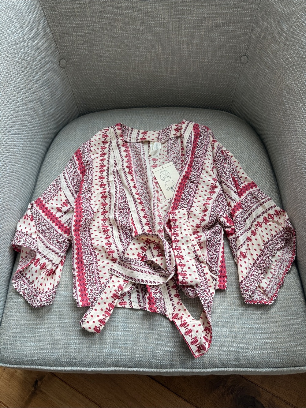 Japna Pink & White Printed Tie-Front Wrap Top